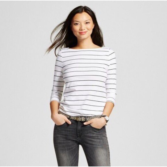 Women’s Merona Black White Striped Tee Boat Neck Top Size Medium NEW - Picture 1 of 6